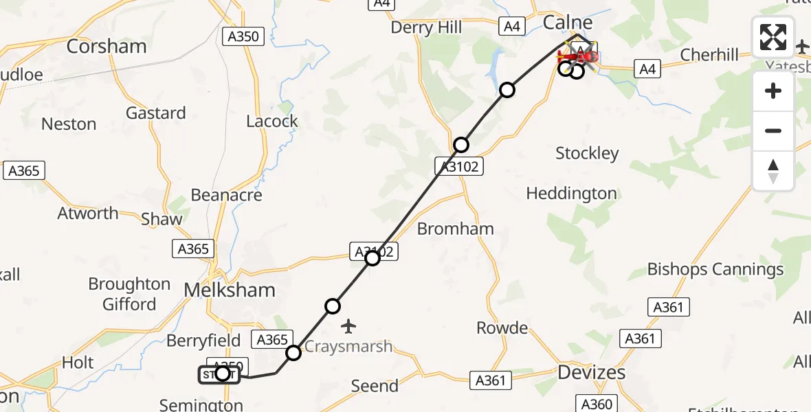 Flight path map showing Air Ambulance Helicopter route from Wiltshire Air Ambulance to Calne