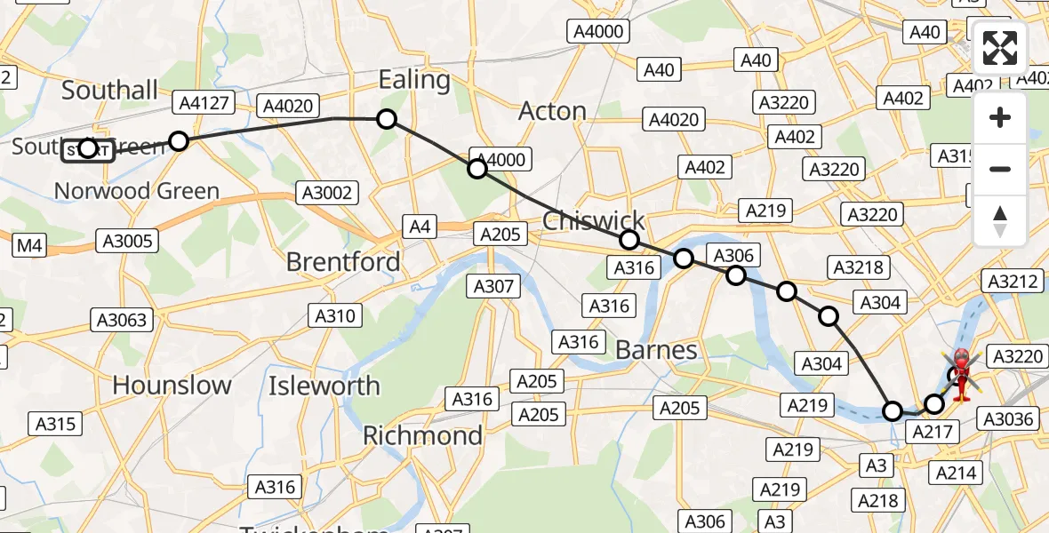 Flight path map showing Air Ambulance Helicopter route from Southall Chamber of Commerce Office and Conference Room to London Heliport
