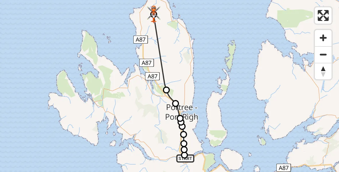 Flight path map showing Coastguard Helicopter route from Cnoc an t-Sithein to Kilmuir