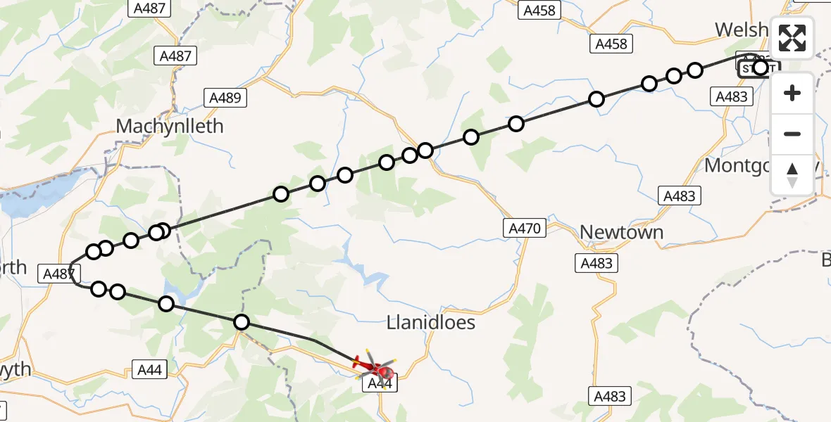 Flight path map showing Air Ambulance Helicopter route from Welshpool Airport to Llangurig
