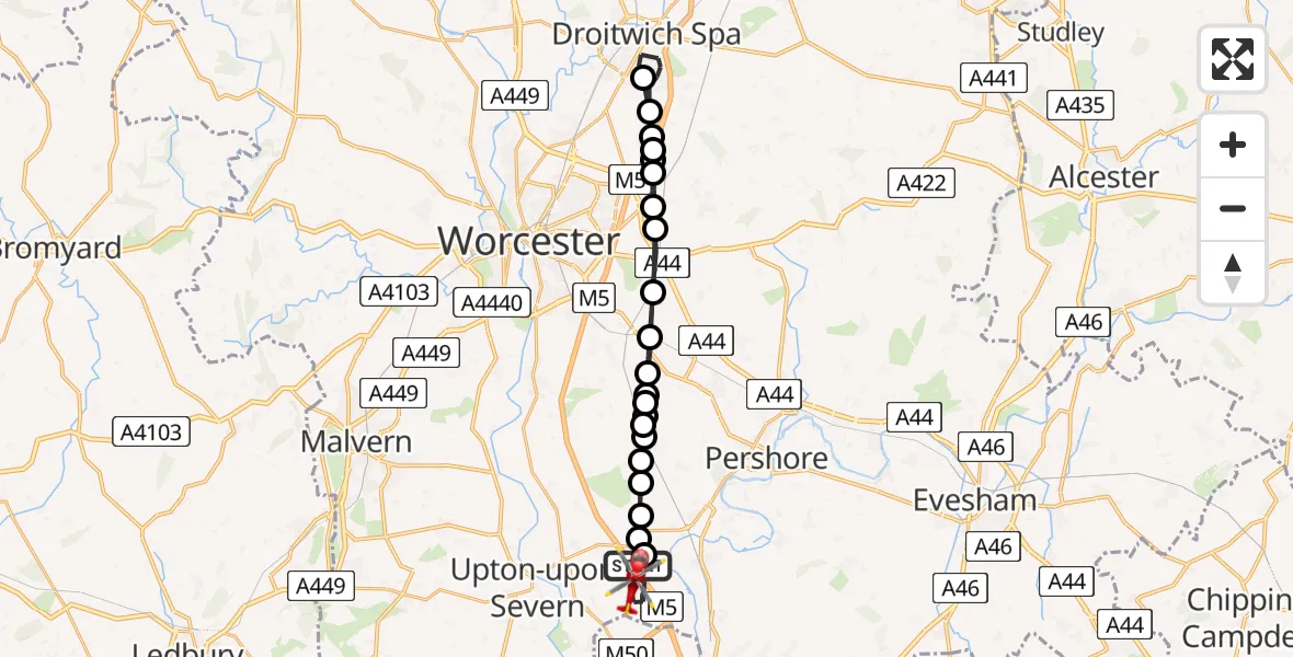 Flight path map showing Air Ambulance Helicopter route from Hill Croome to Upper Strensham