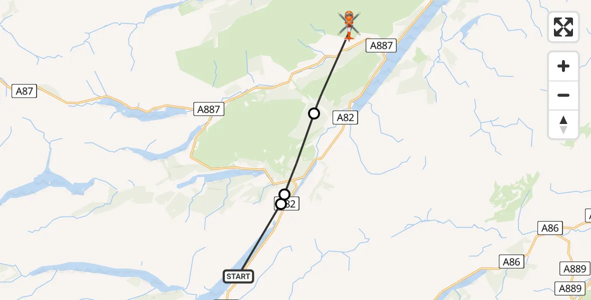 Flight path map showing Coastguard Helicopter route from Loch Lochy to Highland