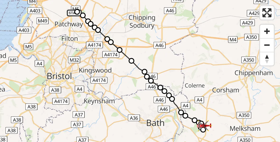 Flight path map showing Air Ambulance Helicopter route from Almondsbury Helicopter Base to Lower Wraxall