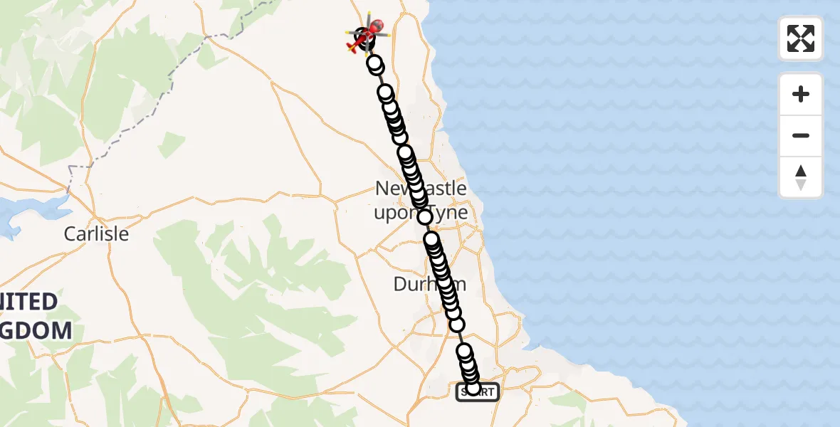 Flight path map showing Air Ambulance Helicopter route from Egglescliffe to Edlingham
