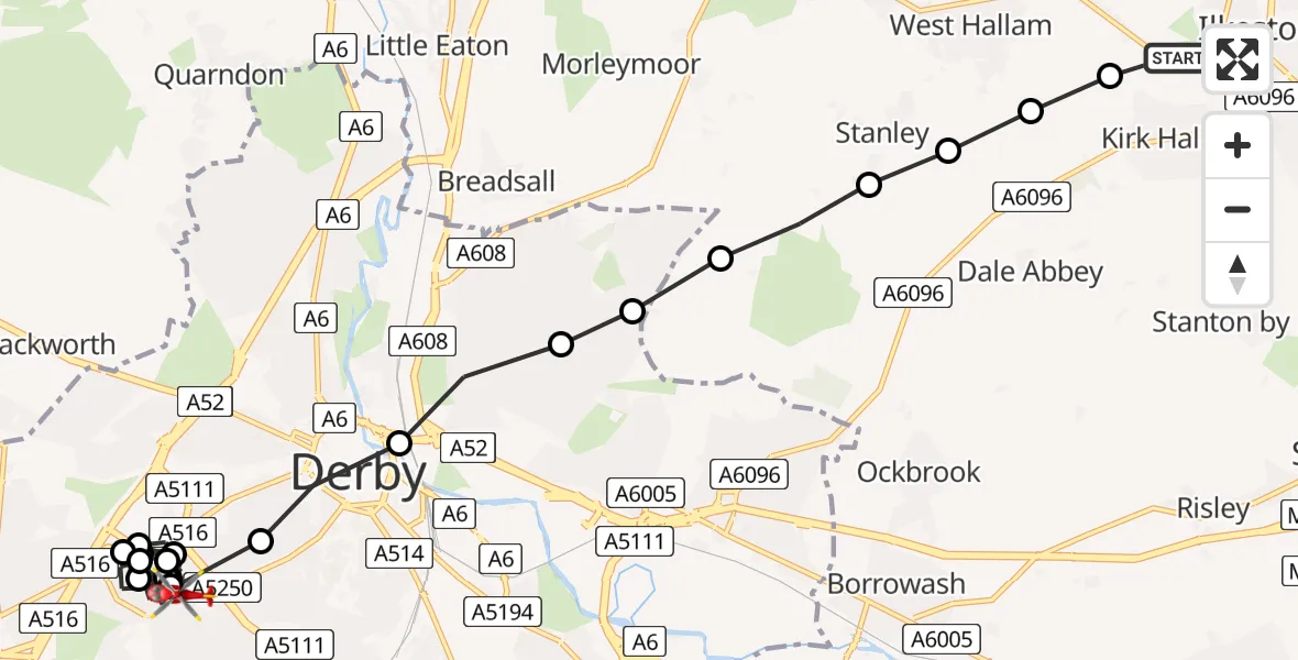 Flight path map showing Air Ambulance Helicopter route from Ilkeston to Littleover