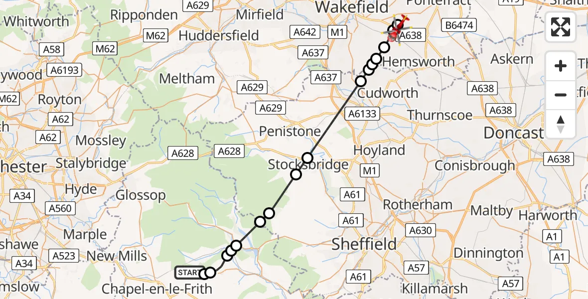 Flight path map showing Air Ambulance Helicopter route from Wash to YAA Nostell Helicopter Port