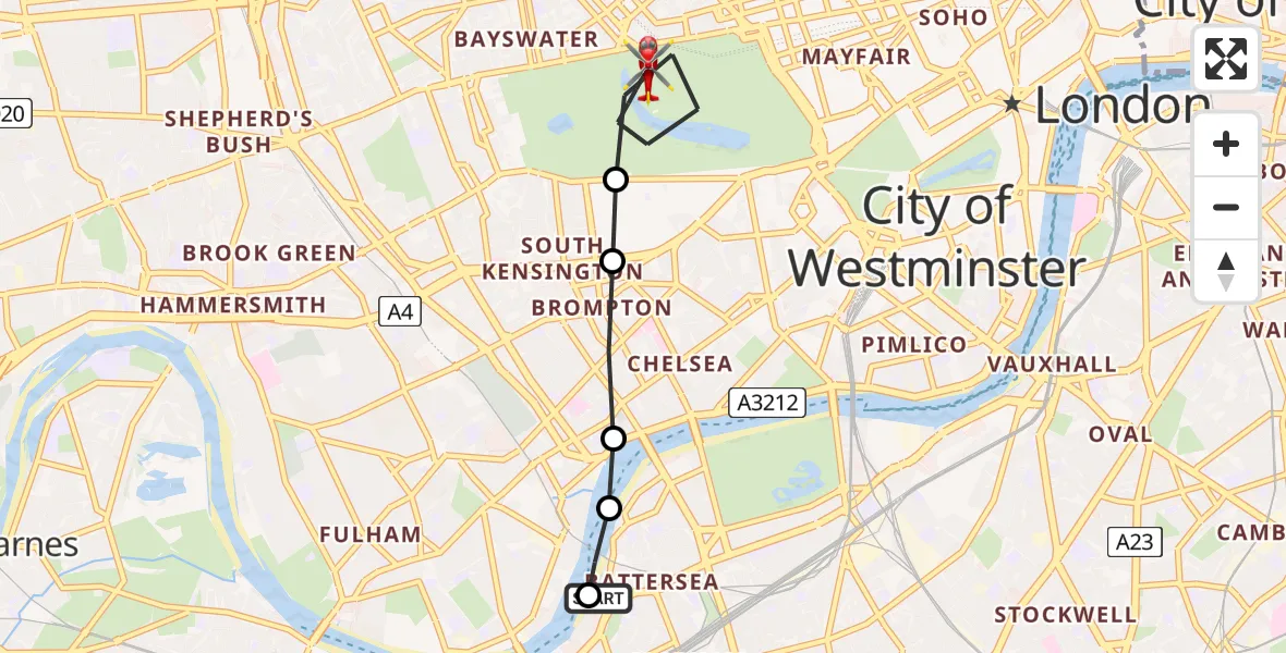 Flight path map showing Air Ambulance Helicopter route from London Heliport to City of Westminster
