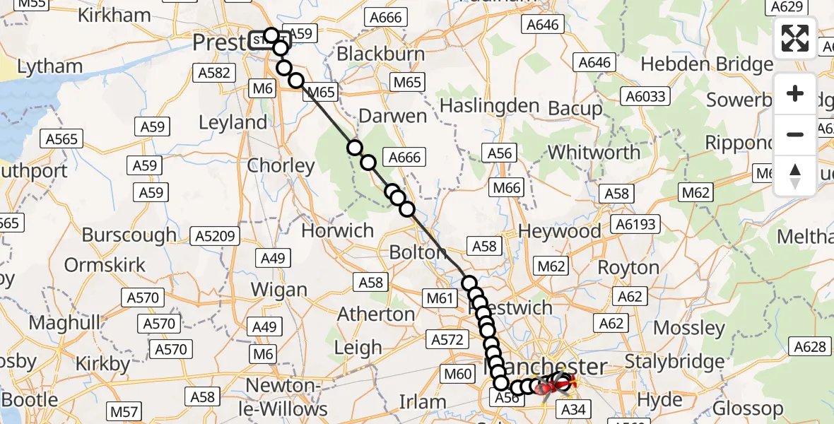 Flight path map showing Air Ambulance Helicopter route from Preston to Chorlton-on-Medlock