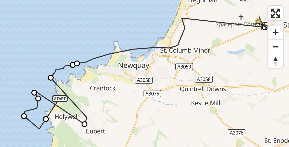 Flight path map showing Police Helicopter route from Holywell to Cornwall Airport Newquay