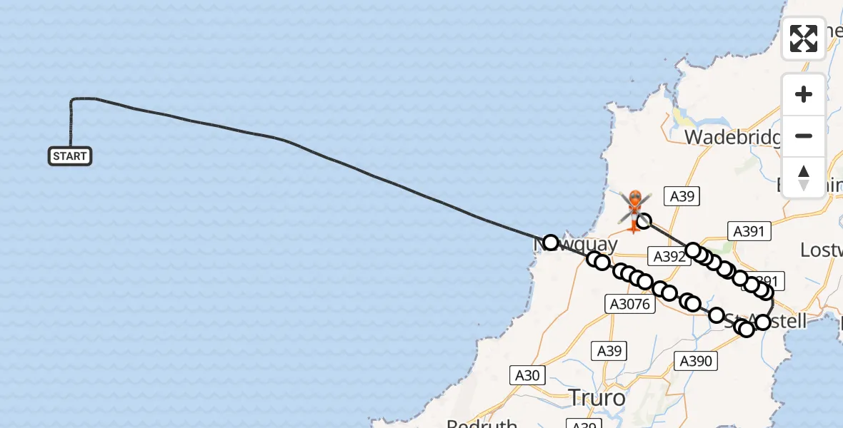 Flight path map showing Coastguard Helicopter route from Bristol Channel to Cornwall Airport Newquay