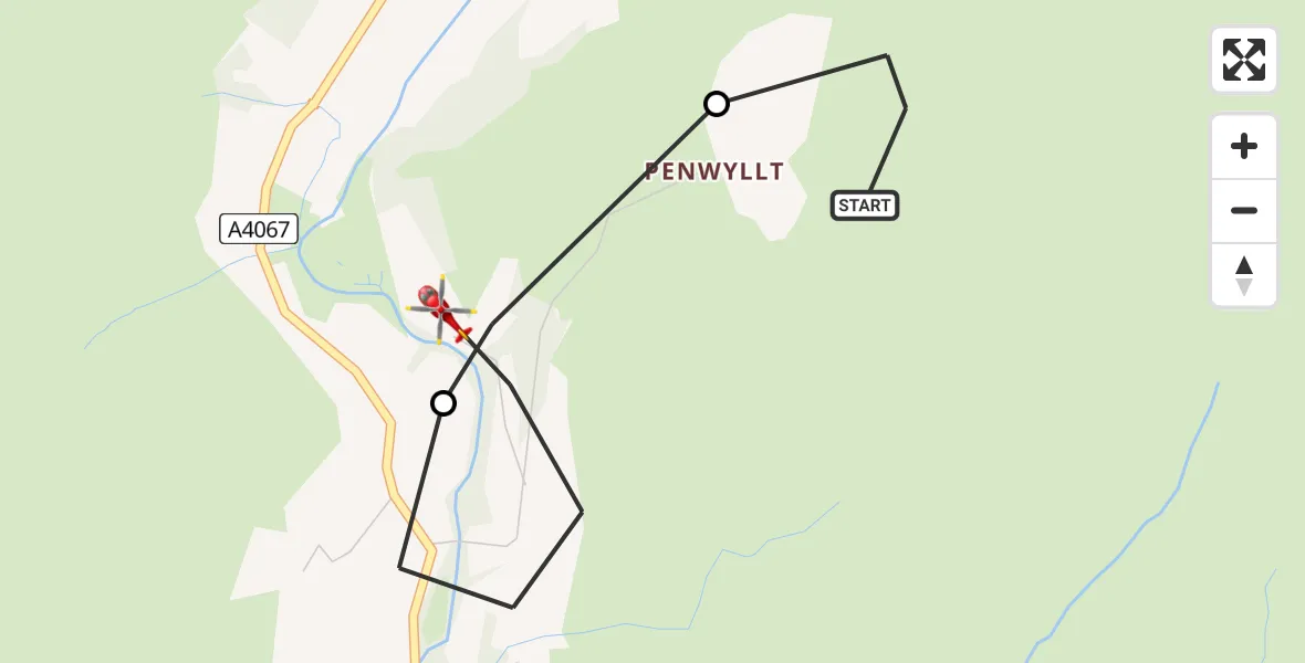 Flight path map showing Air Ambulance Helicopter route from Llywel to Penwyllt