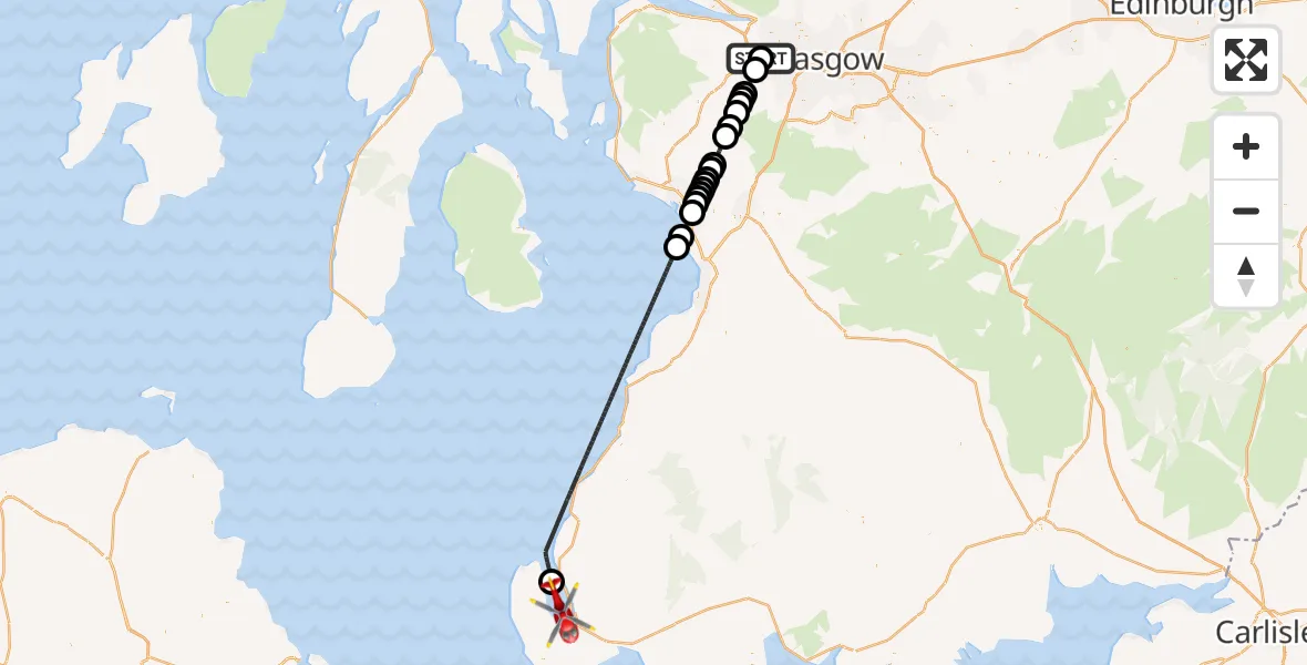 Flight path map showing Air Ambulance Helicopter route from Glasgow Airport to Stranraer