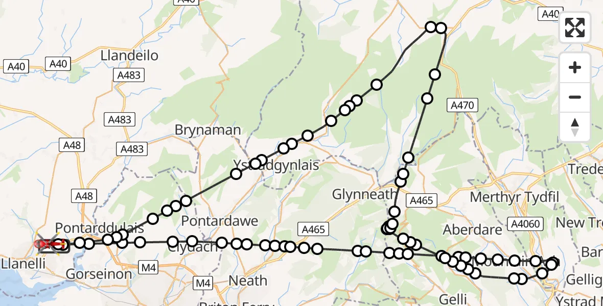 Flight path map showing Air Ambulance Helicopter route from Dafen to Dafen