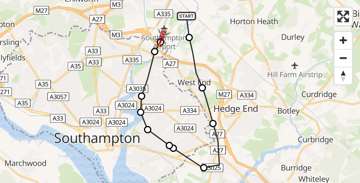 Flight path map showing Air Ambulance Helicopter route from Southampton Airport to Southampton Airport