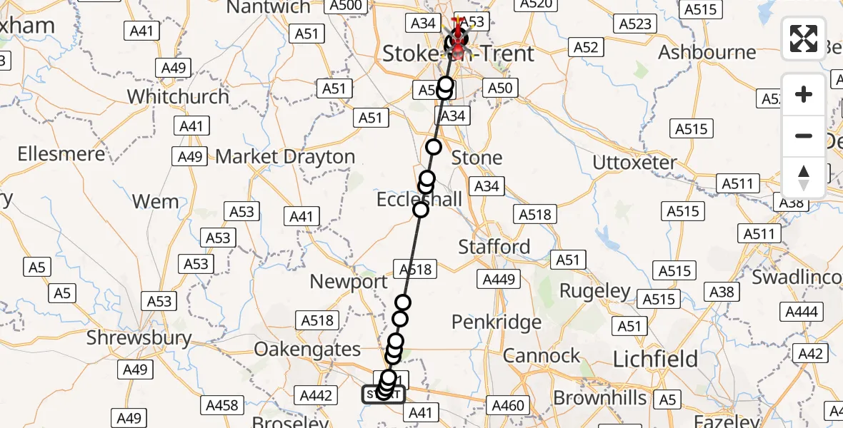 Flight path map showing Air Ambulance Helicopter route from RAF Cosford to Burslem