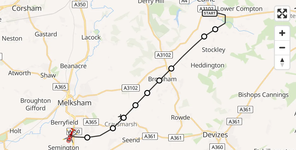 Flight path map showing Air Ambulance Helicopter route from Calne to Wiltshire Air Ambulance