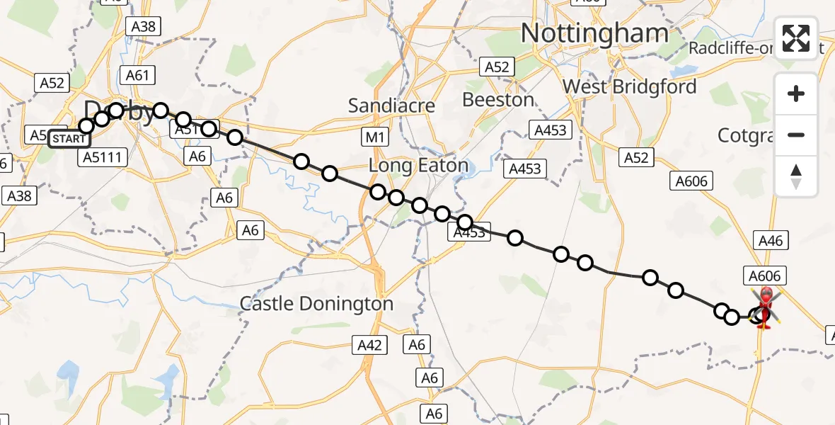 Flight path map showing Air Ambulance Helicopter route from Royal Derby Trauma Unit to Nottingham Heliport
