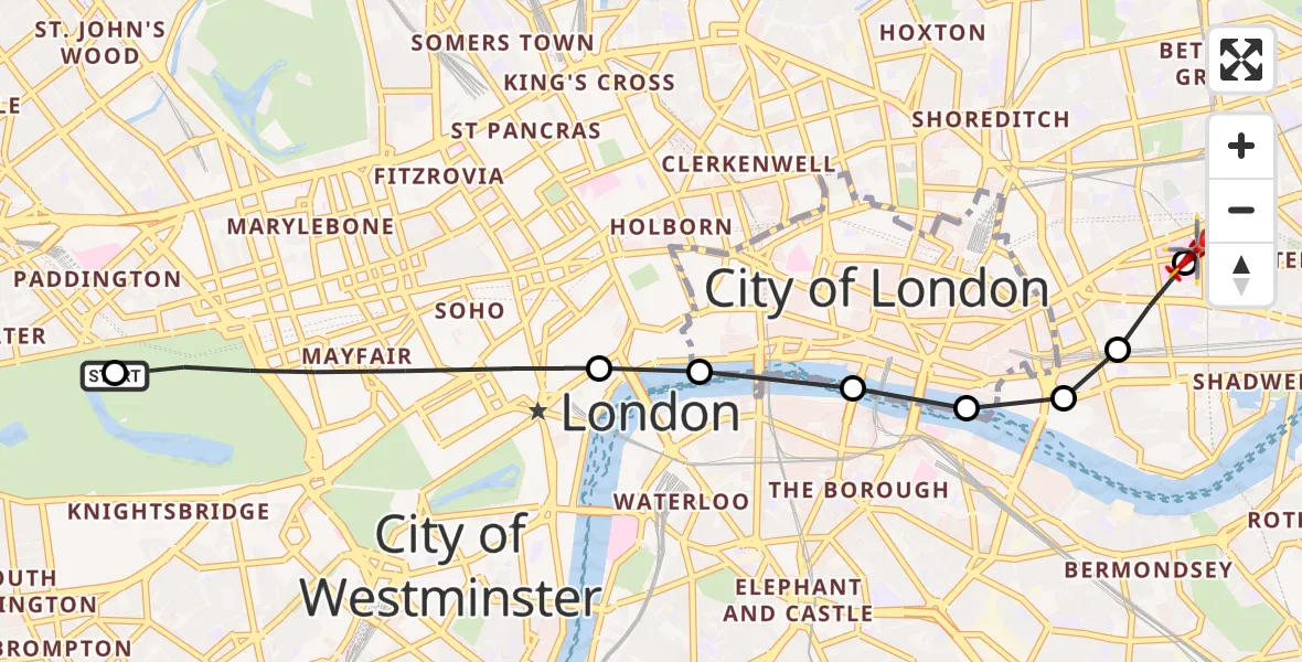 Flight path map showing Air Ambulance Helicopter route from City of Westminster to Royal London Hospital