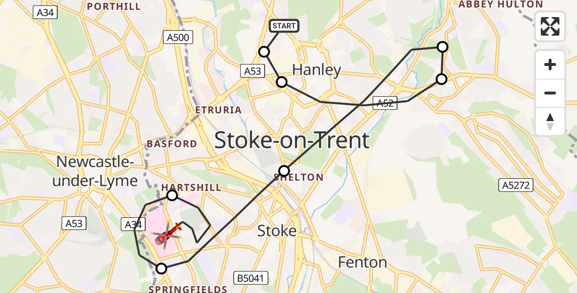 Flight path map showing Air Ambulance Helicopter route from Hanley to University Hospital North Staffs