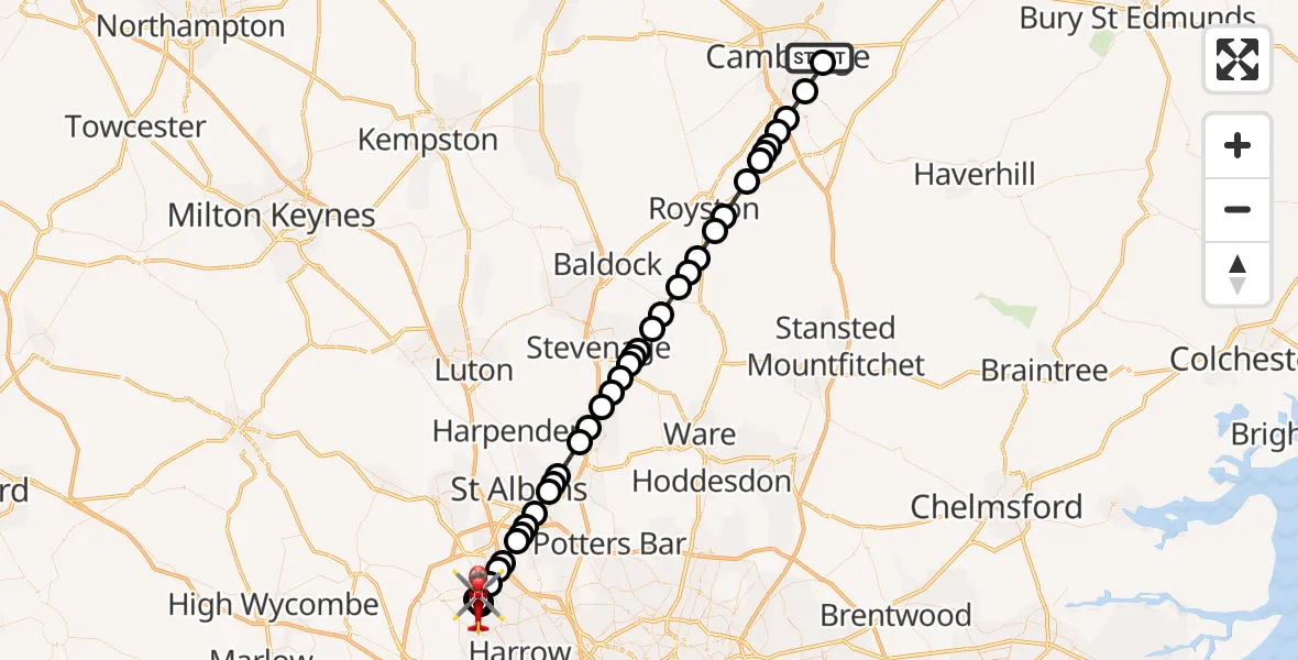 Flight path map showing Air Ambulance Helicopter route from Cambridge City Airport to Watford