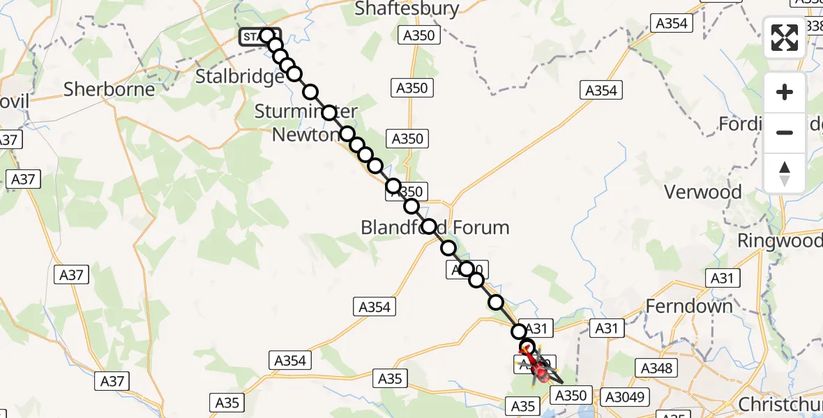 Flight path map showing Air Ambulance Helicopter route from Henstridge Airfield to Upton