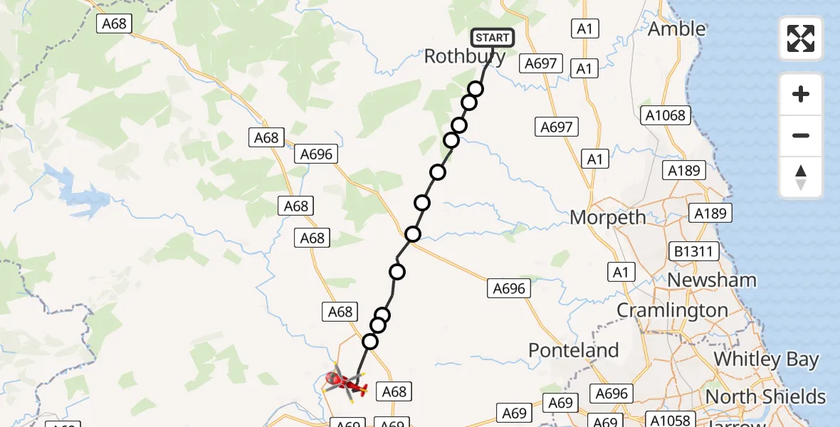 Flight path map showing Air Ambulance Helicopter route from Rothbury to Wall