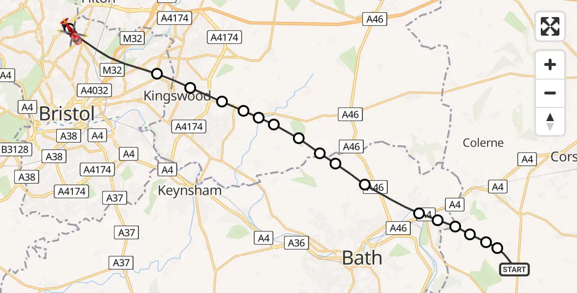 Flight path map showing Air Ambulance Helicopter route from Lower Wraxall to Bristol
