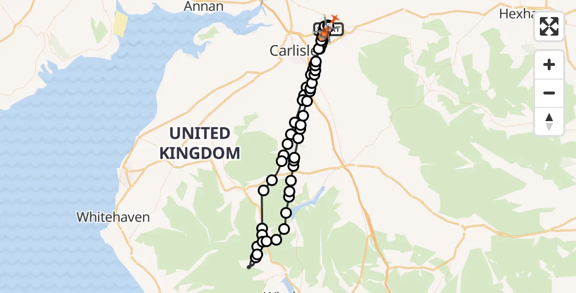 Flight path map showing Coastguard Helicopter route from Carlisle Lake District Airport to Carlisle Lake District Airport