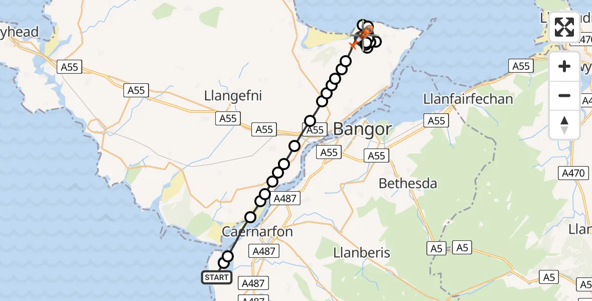 Flight path map showing Coastguard Helicopter route from Caernarfon Airport to Llanddona