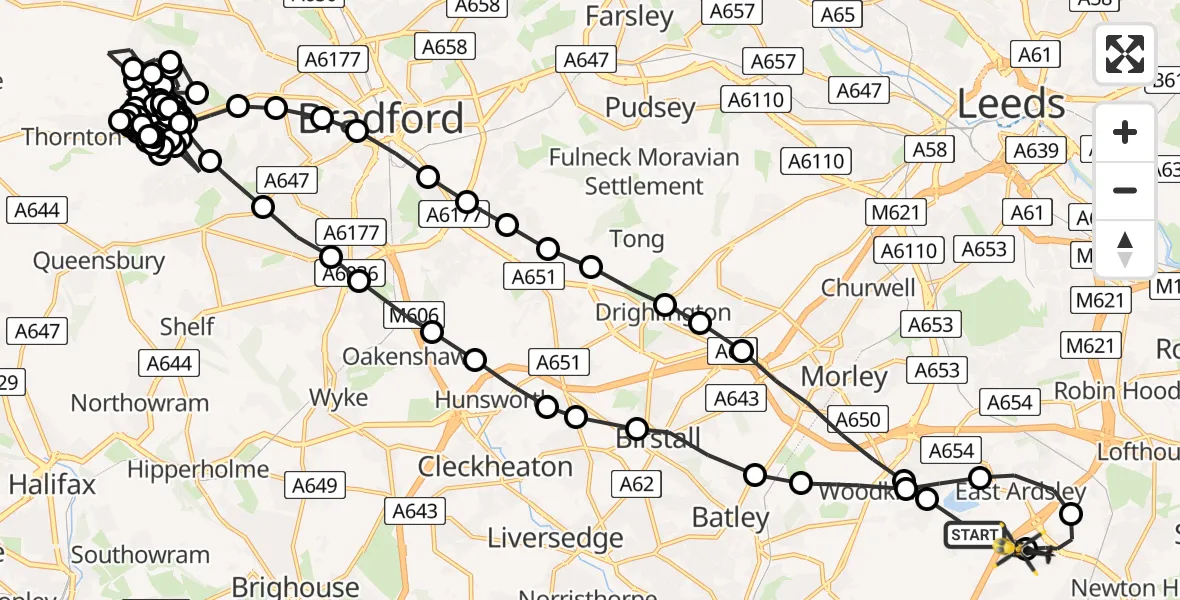 Flight route Police Helicopter East Ardsley - Wrenthorpe, 04 May 2026, 16:01