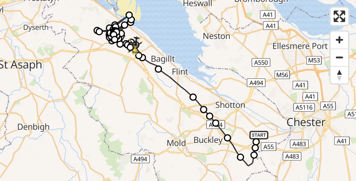 Flight path map showing Police Helicopter route from Hawarden Airport to Bryn Celyn