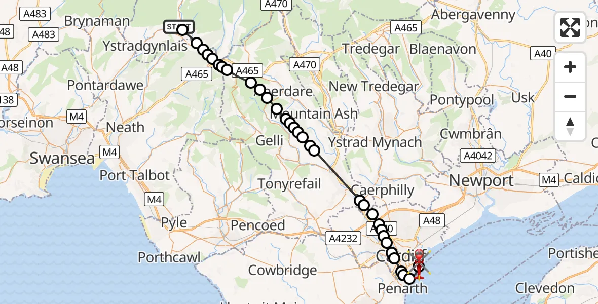 Flight path map showing Air Ambulance Helicopter route from Pen y Cae to Cardiff Heliport