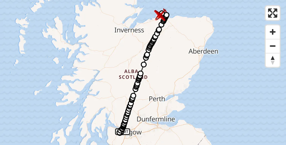 Flight path map showing Air Ambulance Aircraft route from Glasgow Airport to RAF Lossiemouth