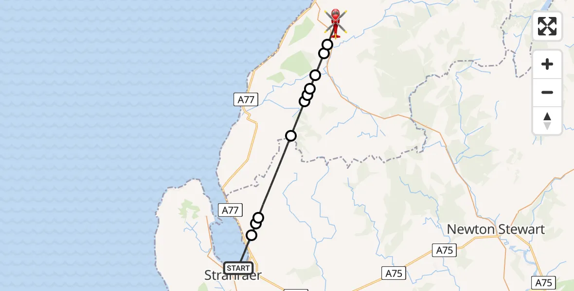 Flight path map showing Air Ambulance Helicopter route from Stranraer to Pinmore