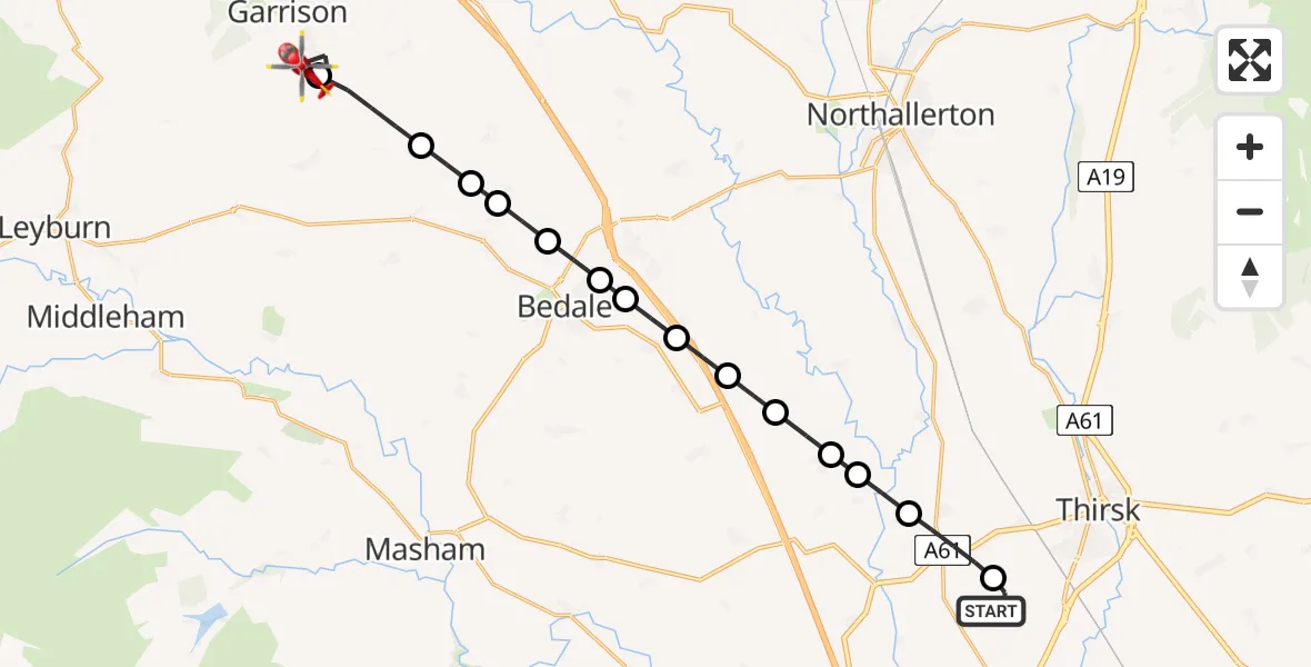 Flight path map showing Air Ambulance Helicopter route from RAF Topcliffe to Catterick Garrison