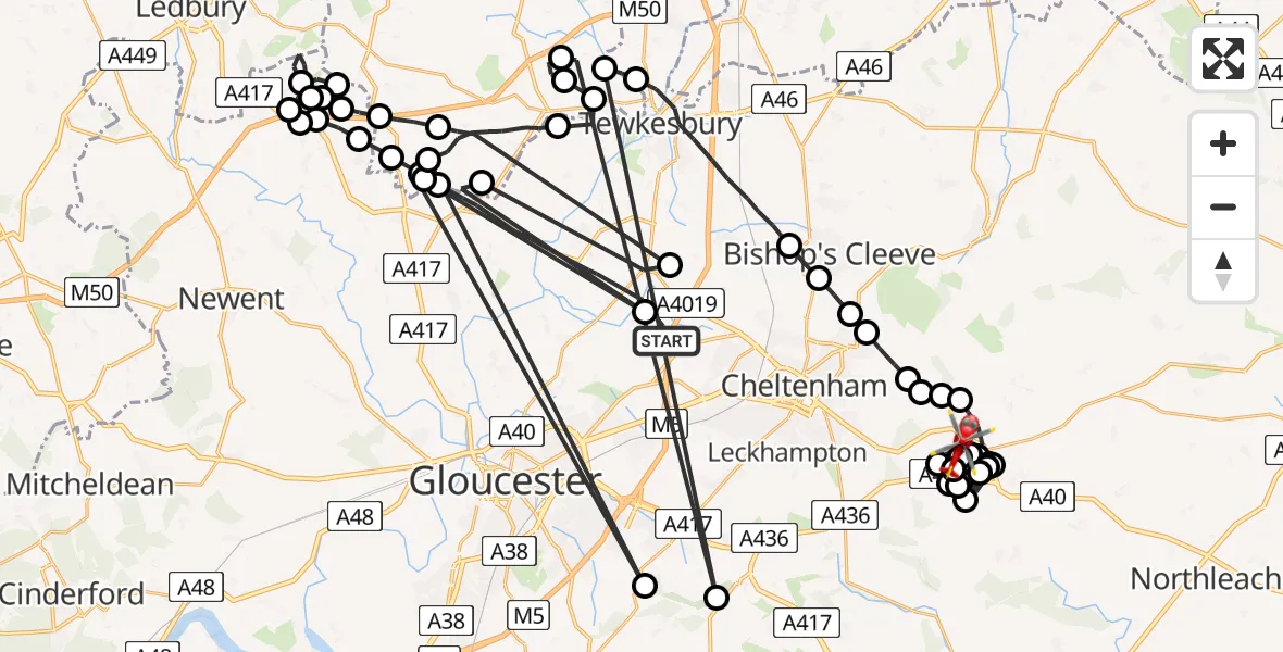 Flight path map showing Air Ambulance Helicopter route from Tewkesbury to Cotswold