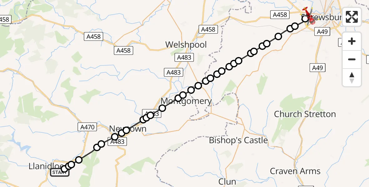 Flight path map showing Air Ambulance Helicopter route from Llanidloes to Shrewsbury