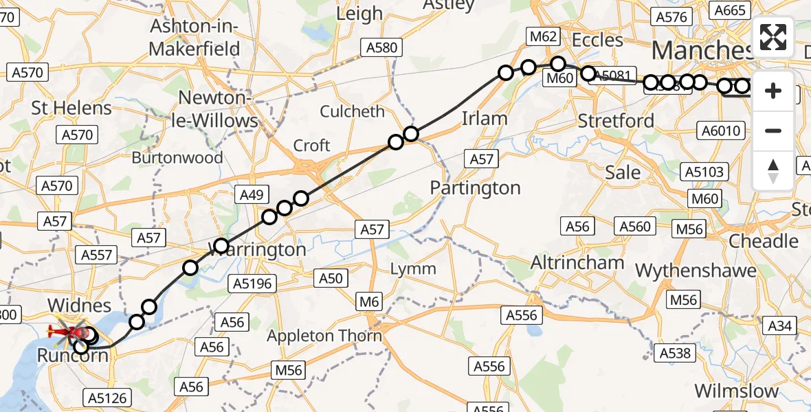 Flight path map showing Air Ambulance Helicopter route from Ardwick to Widnes