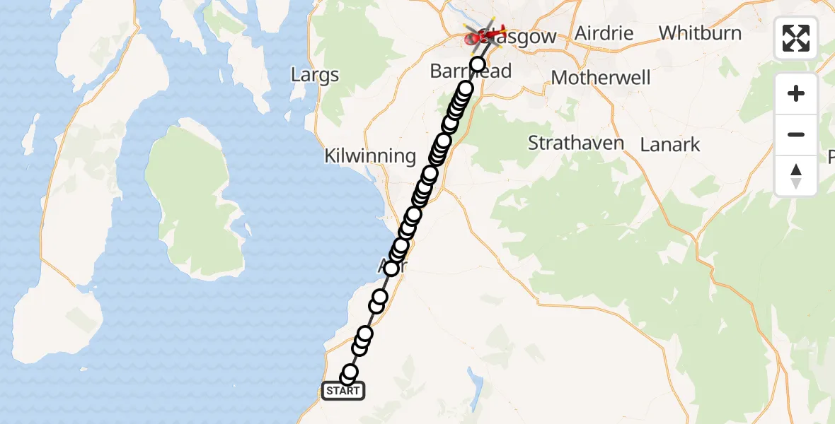 Flight path map showing Air Ambulance Helicopter route from Penkill to Glasgow