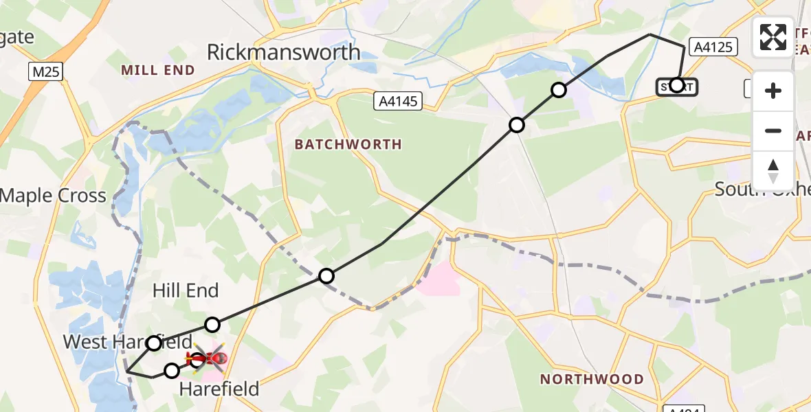 Flight path map showing Air Ambulance Helicopter route from South Oxhey to Harefield Hospital