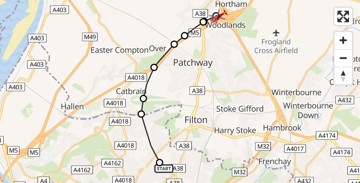 Flight path map showing Air Ambulance Helicopter route from Southmead Hospital to Almondsbury Helicopter Base