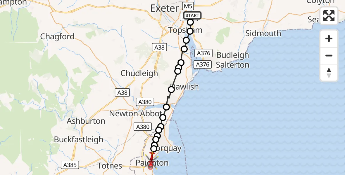 Flight path map showing Air Ambulance Helicopter route from Clyst St Mary to Paignton