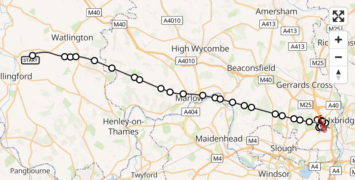 Flight path map showing Air Ambulance Helicopter route from RAF Benson to Iver Heath