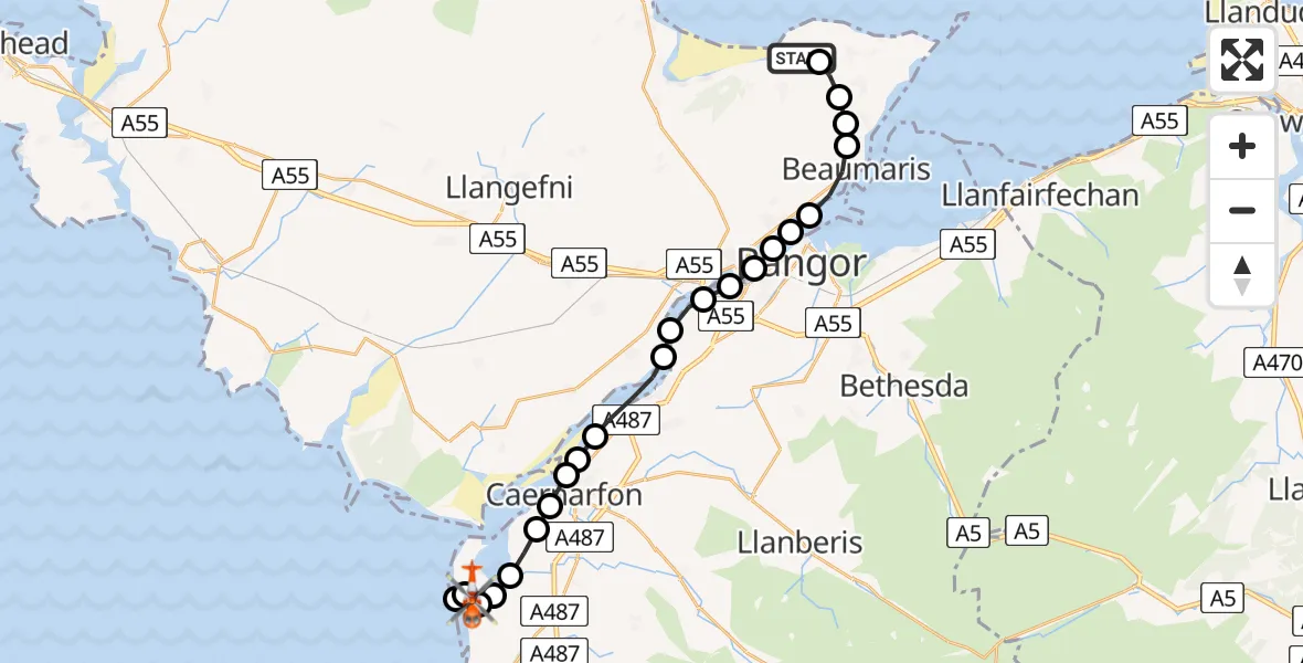 Flight path map showing Coastguard Helicopter route from Llanddona to Caernarfon Airport