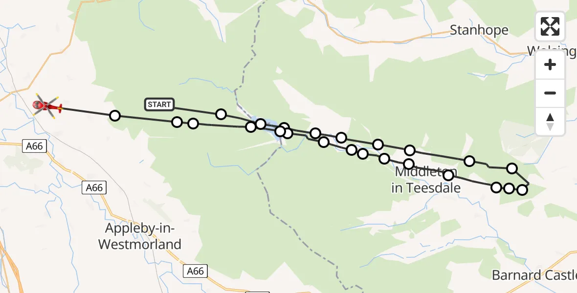 Flight path map showing Air Ambulance Helicopter route from Milburn to Skirwith