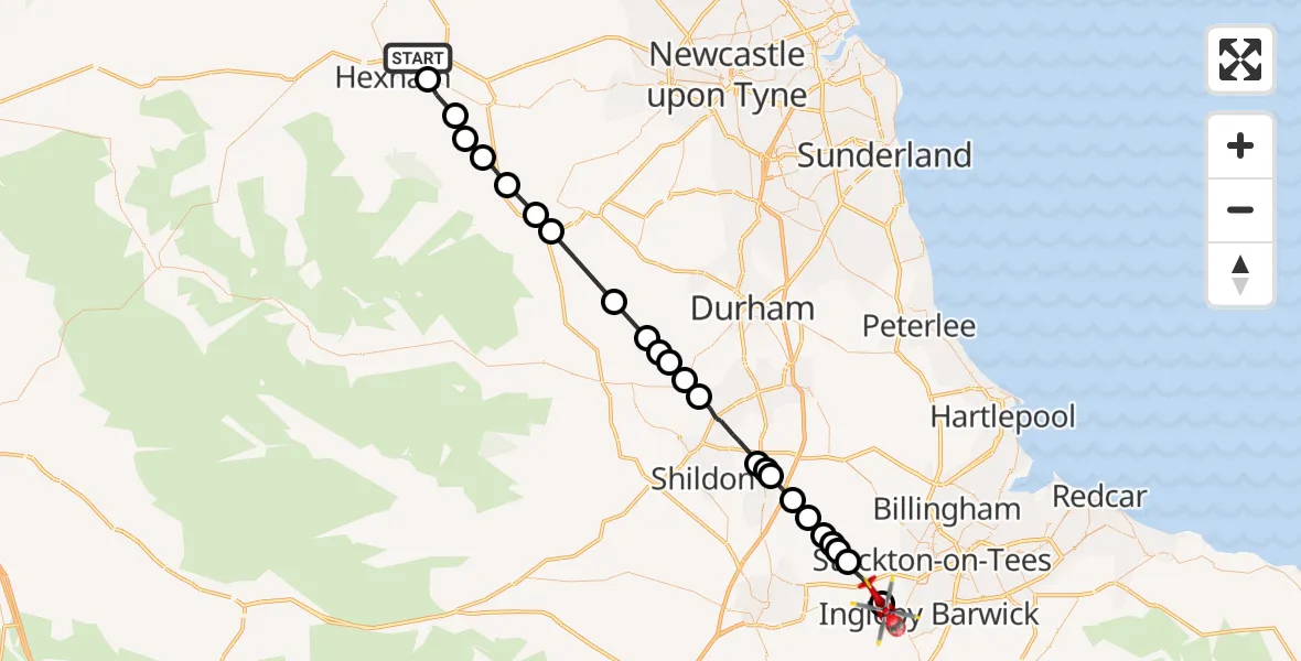 Flight path map showing Air Ambulance Helicopter route from Oakwood to Egglescliffe