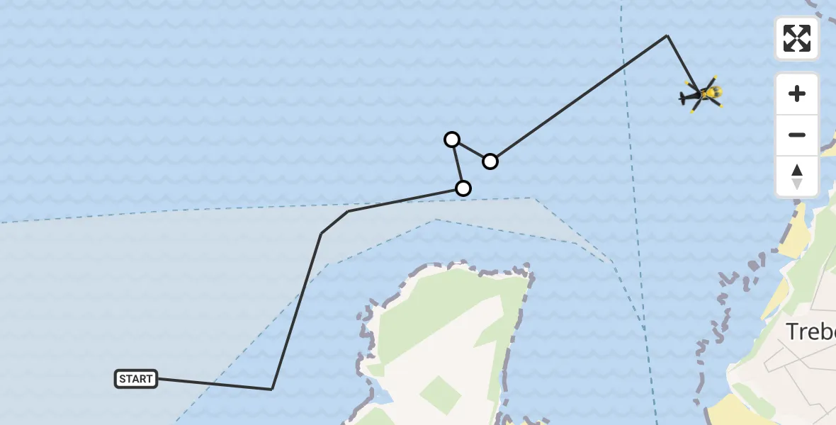 Flight path map showing Police Helicopter route from Padstow to New Polzeath
