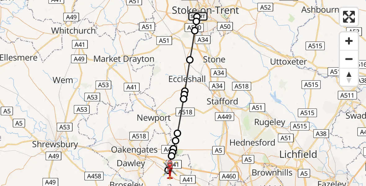 Flight path map showing Air Ambulance Helicopter route from University Hospital North Staffs to Cosford