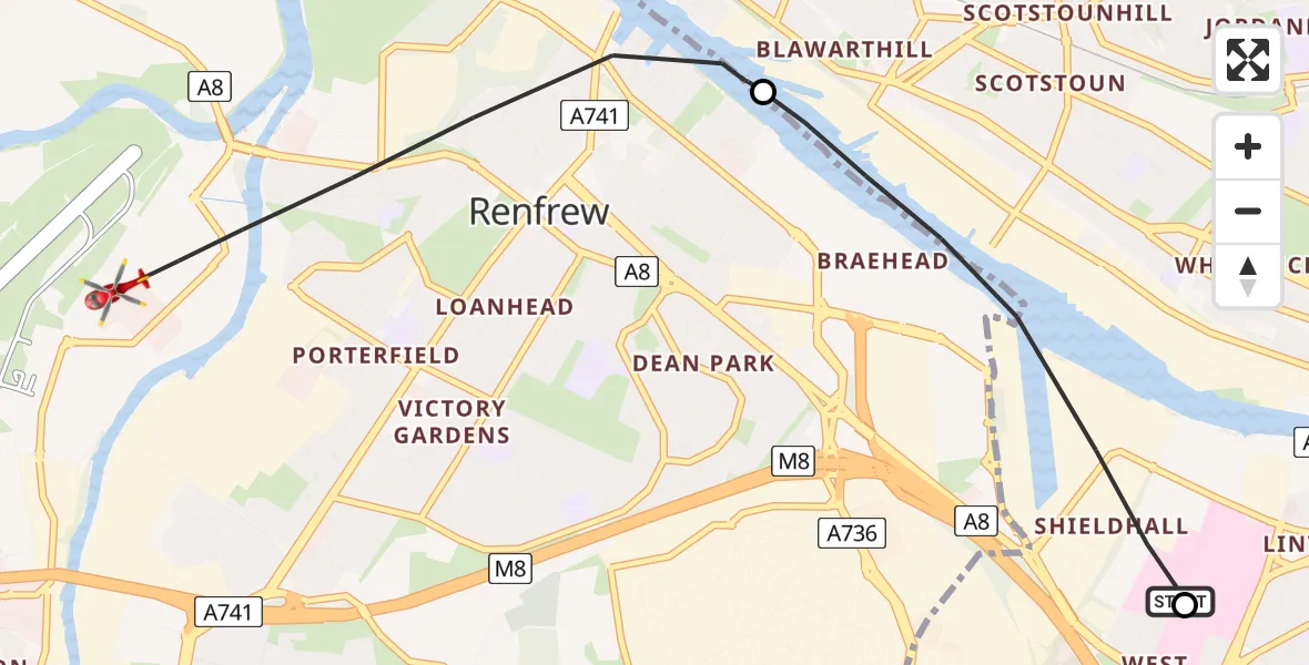 Flight path map showing Air Ambulance Helicopter route from Queen Elizabeth Hospital to Paisley