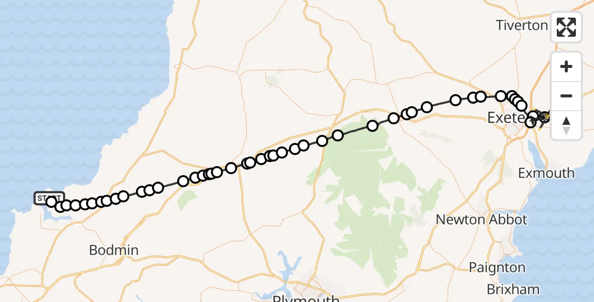 Flight path map showing Police Helicopter route from Polzeath to Clyst Honiton